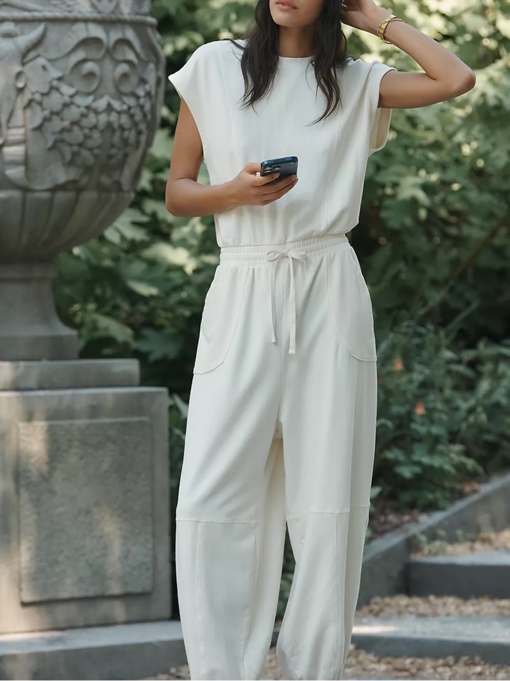 Anthropologie NWT Daily Practice Short Sleeve Knit Ivory Wide-Leg Jumpsuit M